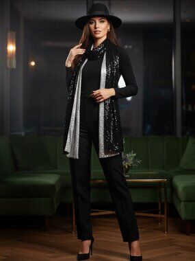 ILana Wolf Two Tone Black/Silver Sequin 76" Designer Evening Wrap/Long Scarf